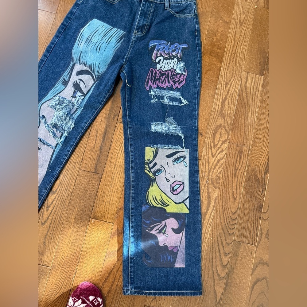 Graphic Print Distressed Jeans painted cartoon faces open holes style